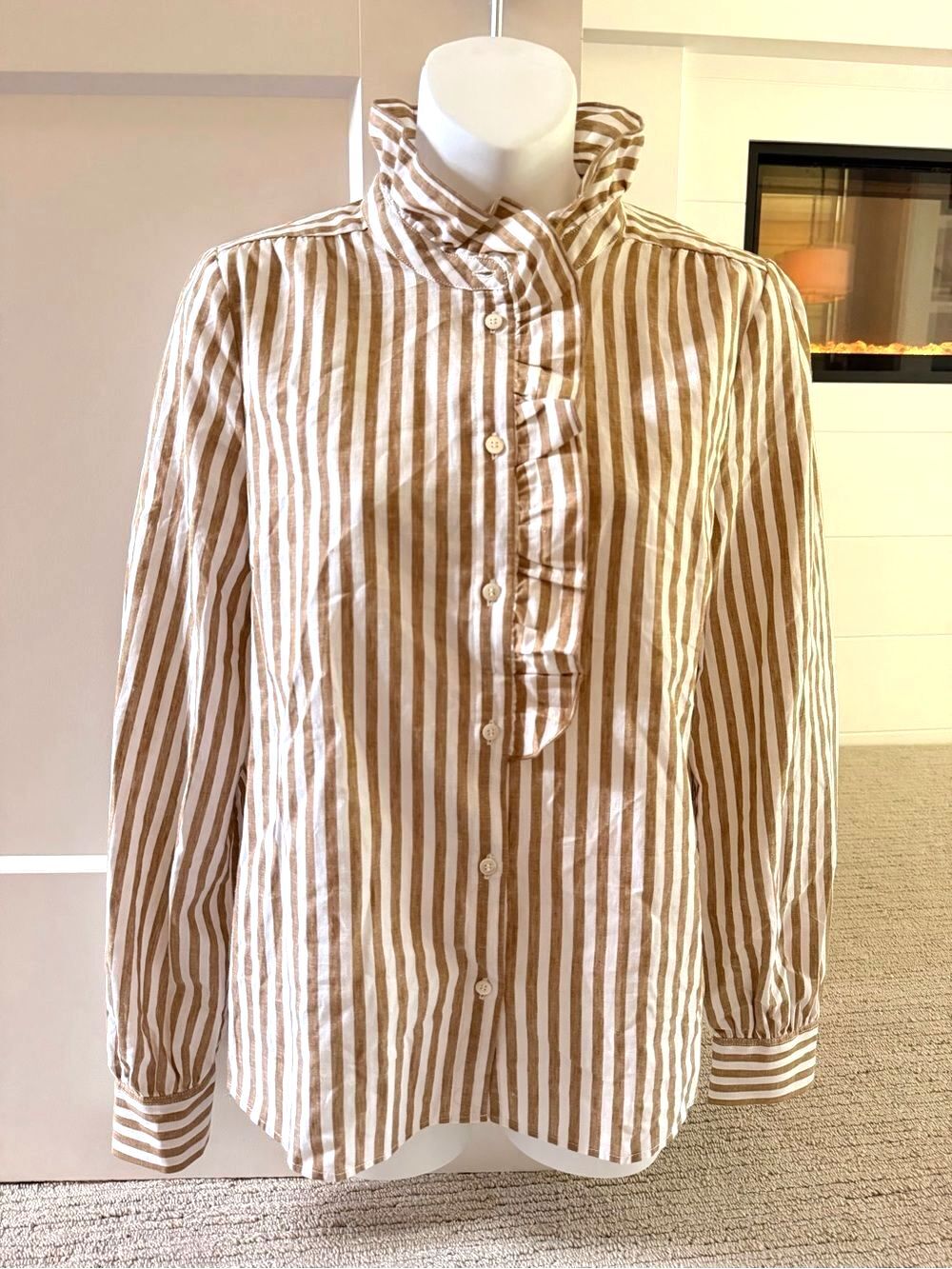 SEZANE Amazing High Collar Striped Ruffle-Front Button-Down Shirt Sz 36/S NWT!!